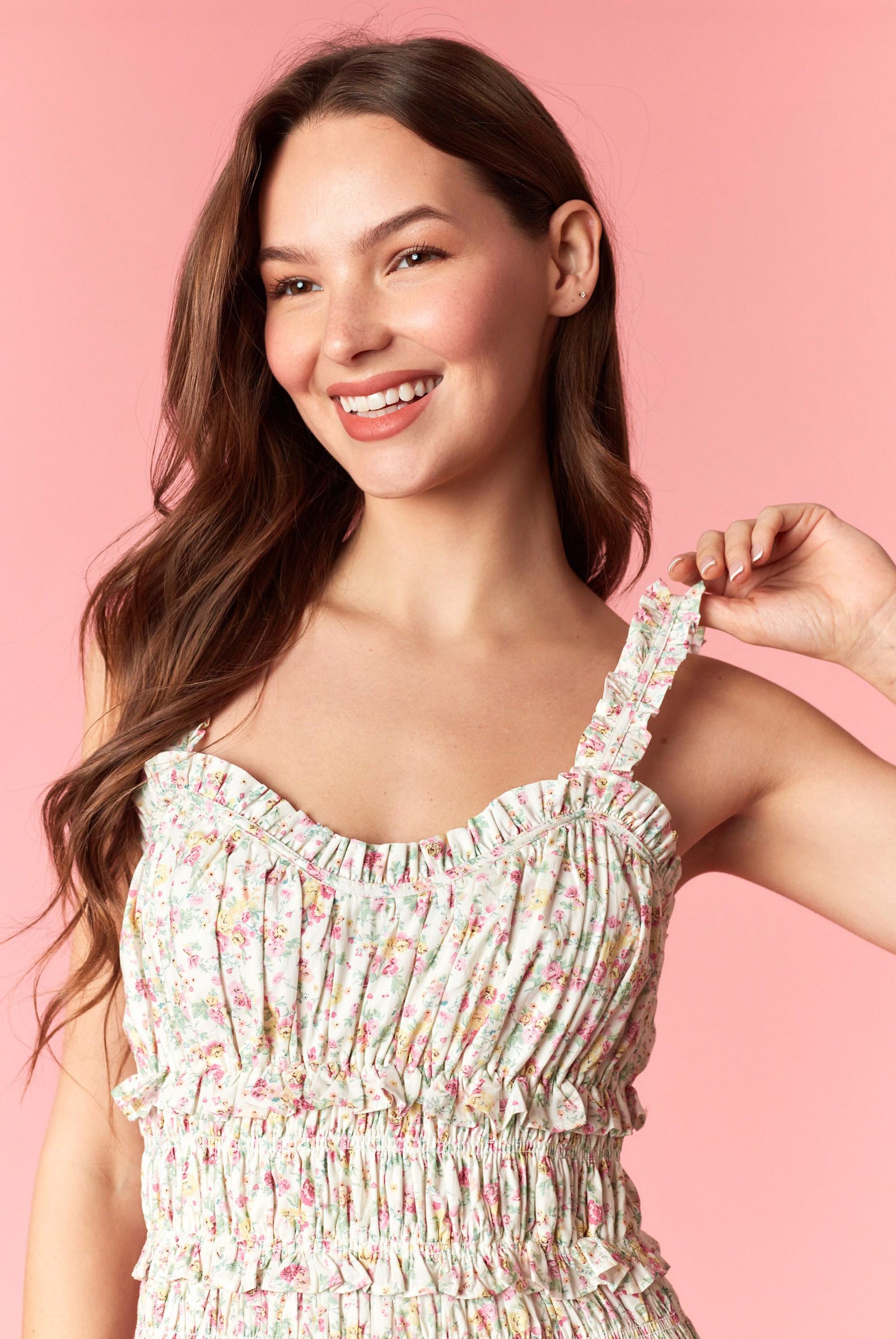 Peach Love Floral Shirred Ruffle Maxi Dress – Off White Pink-Maxi Dresses-Peach Love-Deja Nu Boutique, Women's Fashion Boutique in Lampasas, Texas