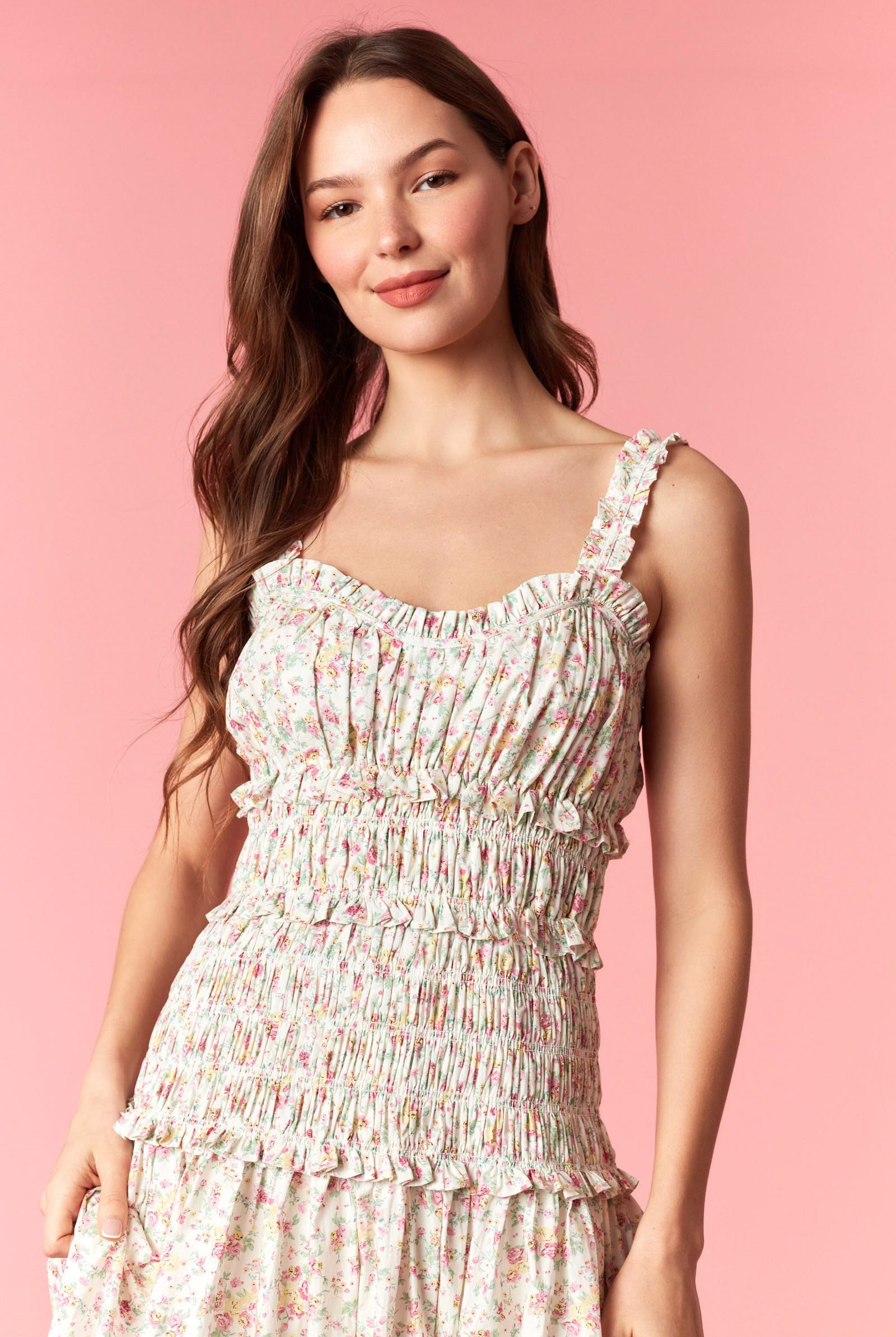 Peach Love Floral Shirred Ruffle Maxi Dress – Off White Pink-Maxi Dresses-Peach Love-Deja Nu Boutique, Women's Fashion Boutique in Lampasas, Texas