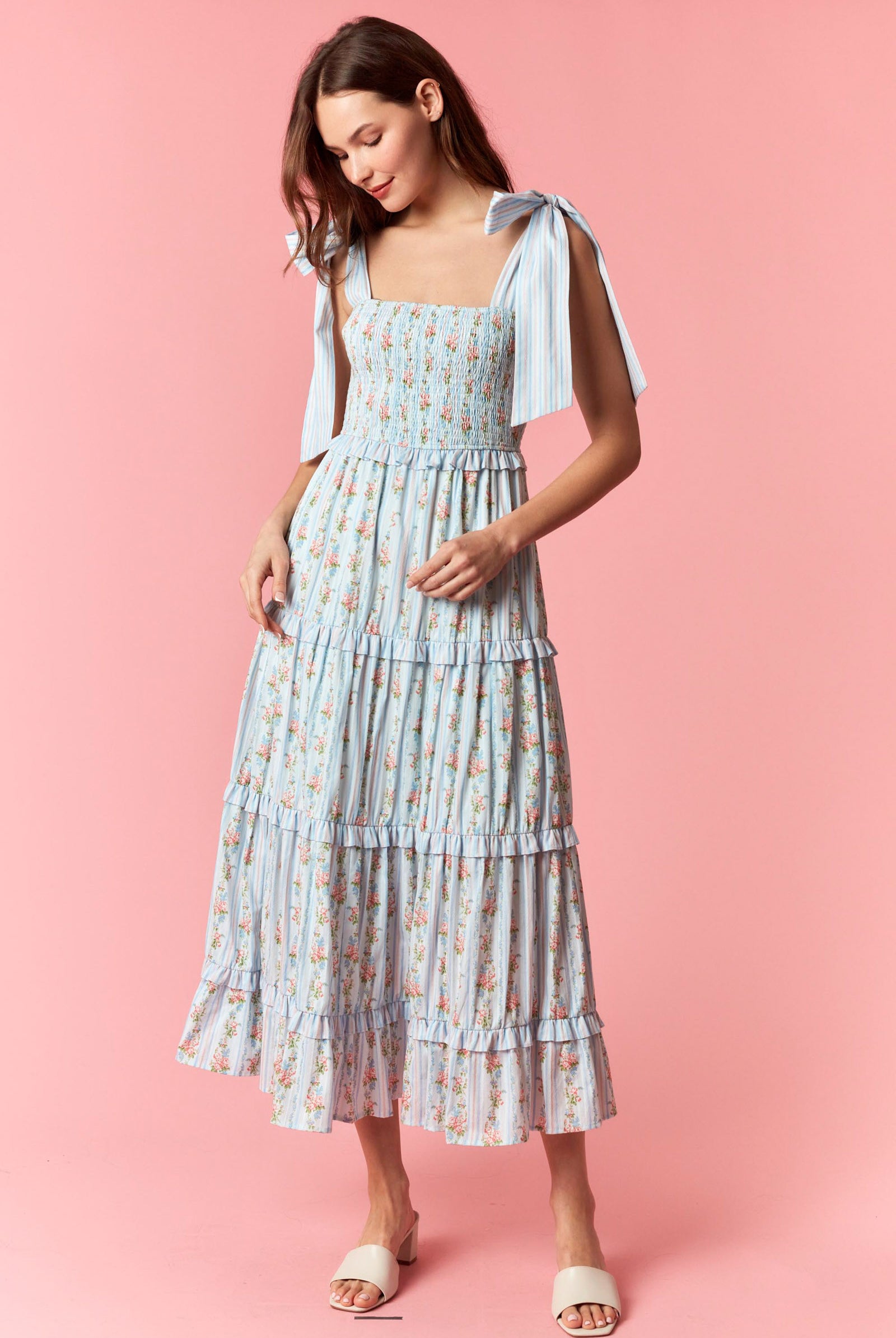 Peach Love Stripe & Floral Bow Tie Tiered Maxi Dress – Light Blue Multi-Maxi Dresses-Peach Love-Deja Nu Boutique, Women's Fashion Boutique in Lampasas, Texas