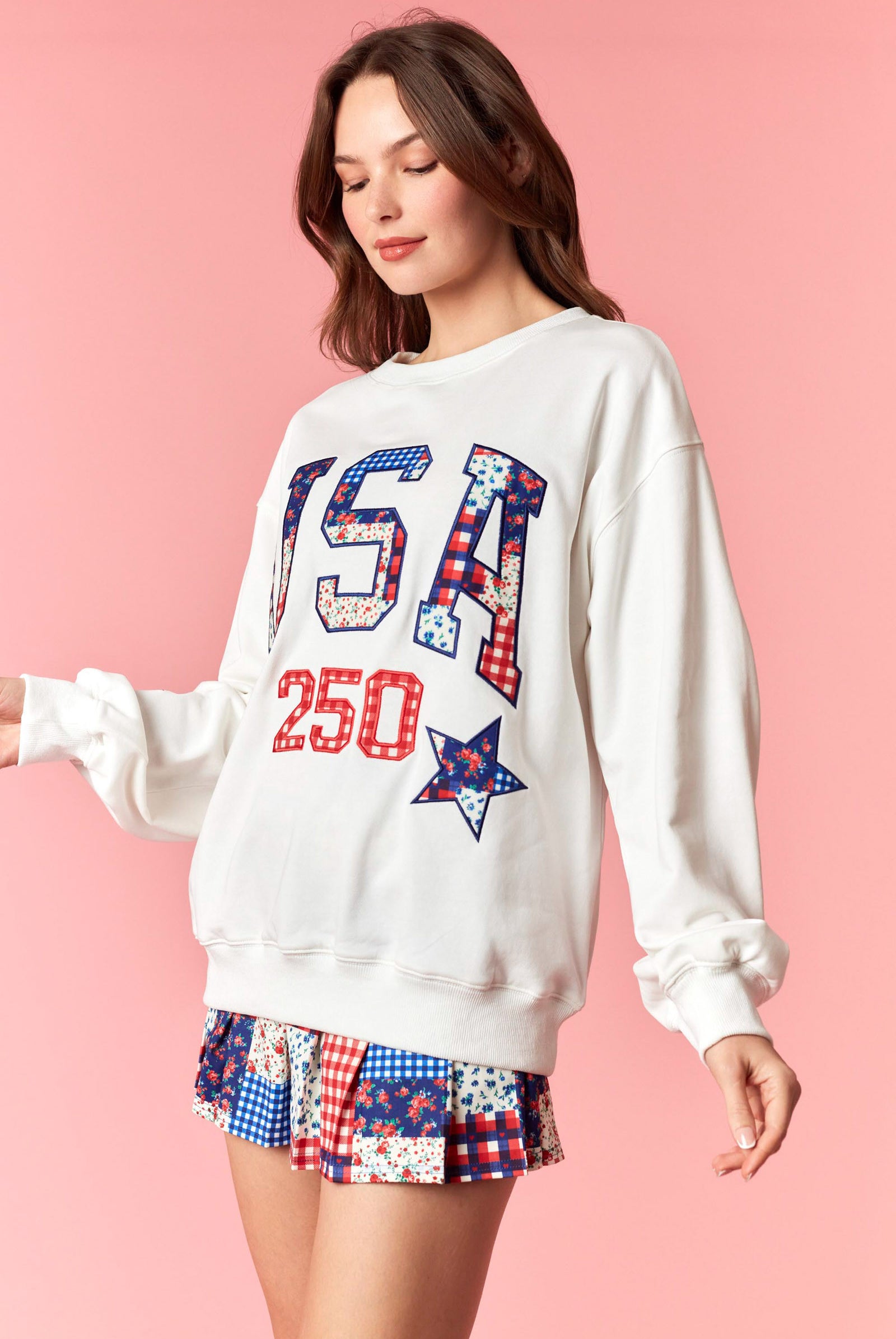 Peach Love USA 250 Patchwork Star French Terry Sweatshirt – Americana 2026-sweatshirt-Peach Love-Deja Nu Boutique, Women's Fashion Boutique in Lampasas, Texas