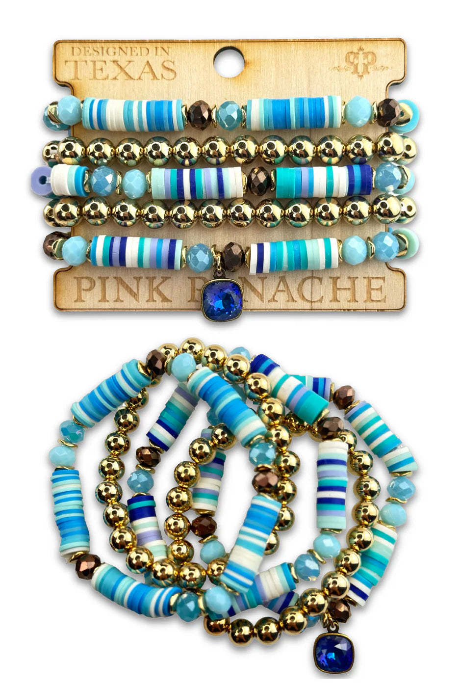 Pink Panache Blue Heishi Bead Bracelet Set with Austrian Crystal Charm-Bracelets-Pink Panache-Deja Nu Boutique, Women's Fashion Boutique in Lampasas, Texas