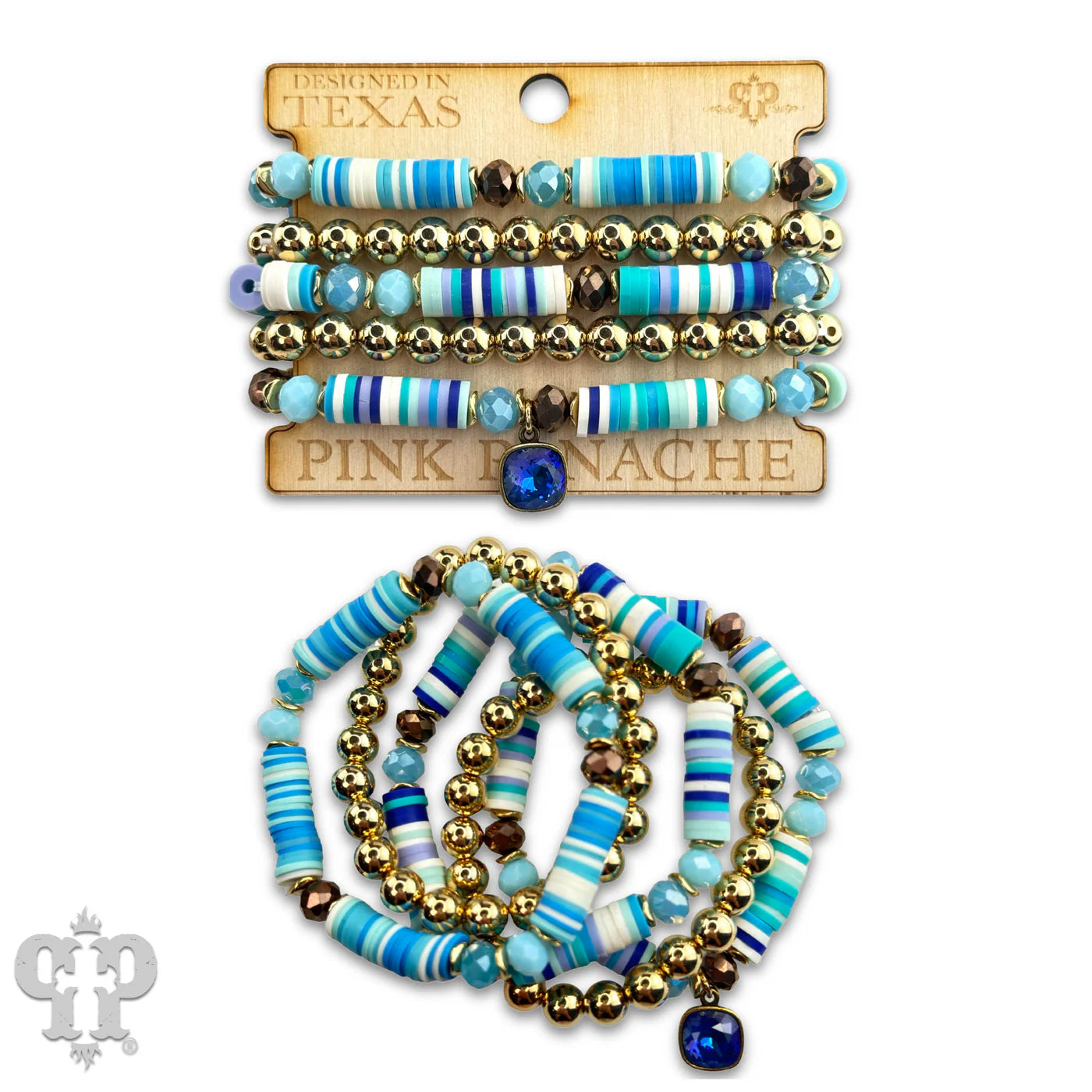 Pink Panache Blue Heishi Bead Bracelet Set with Austrian Crystal Charm-Bracelets-Pink Panache-Deja Nu Boutique, Women's Fashion Boutique in Lampasas, Texas