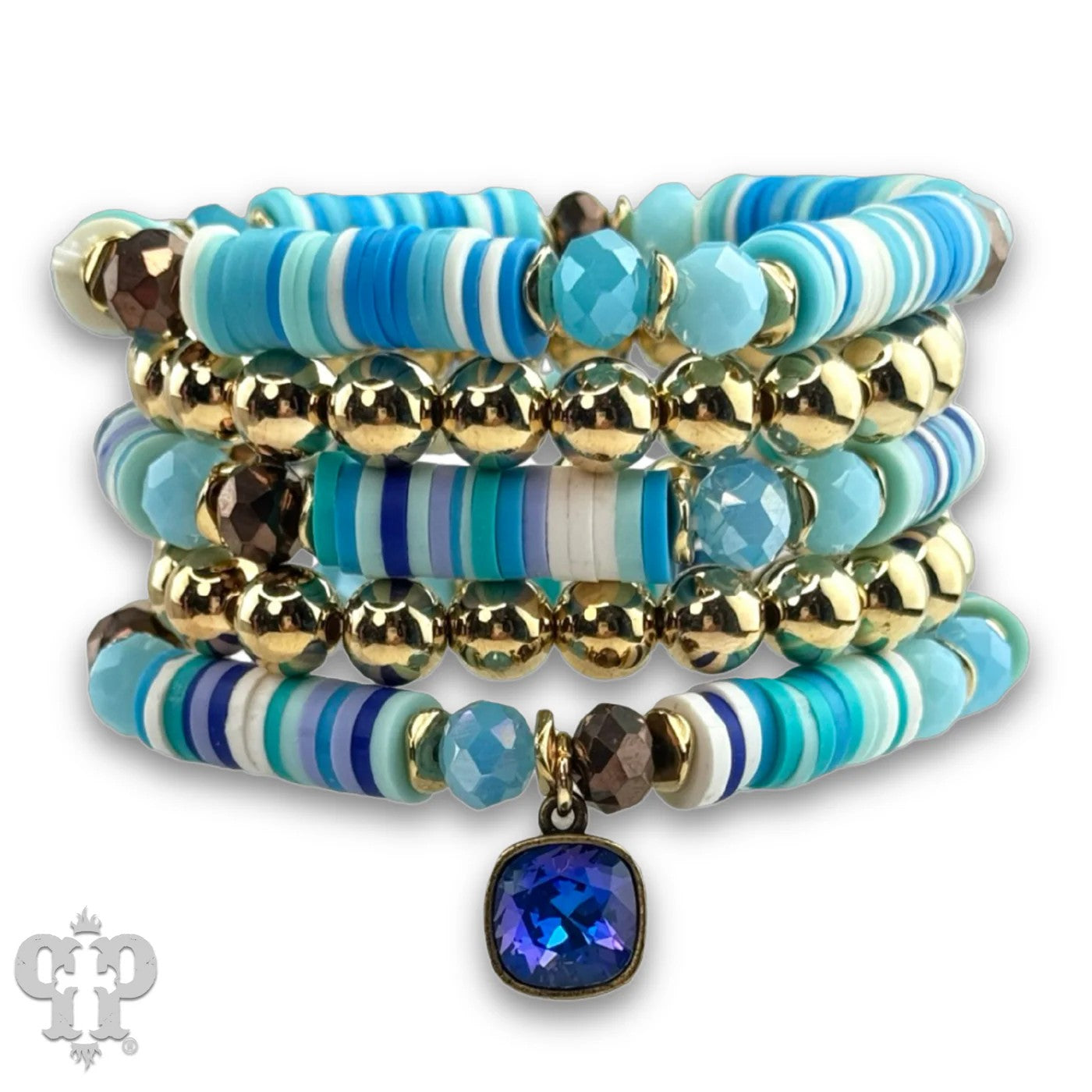 Pink Panache Blue Heishi Bead Bracelet Set with Austrian Crystal Charm-Bracelets-Pink Panache-Deja Nu Boutique, Women's Fashion Boutique in Lampasas, Texas