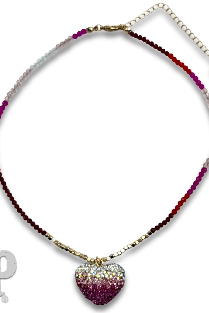 Pink Panache Fuchsia Rhinestone Heart Charm Beaded Choker Necklace-Necklace-Pink Panache-Deja Nu Boutique, Women's Fashion Boutique in Lampasas, Texas