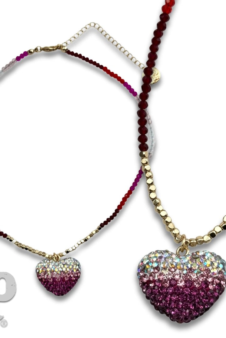 Pink Panache Fuchsia Rhinestone Heart Charm Beaded Choker Necklace-Necklace-Pink Panache-Deja Nu Boutique, Women's Fashion Boutique in Lampasas, Texas