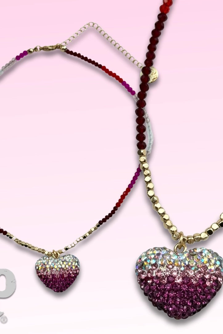 Pink Panache Fuchsia Rhinestone Heart Charm Beaded Choker Necklace-Necklace-Pink Panache-Deja Nu Boutique, Women's Fashion Boutique in Lampasas, Texas