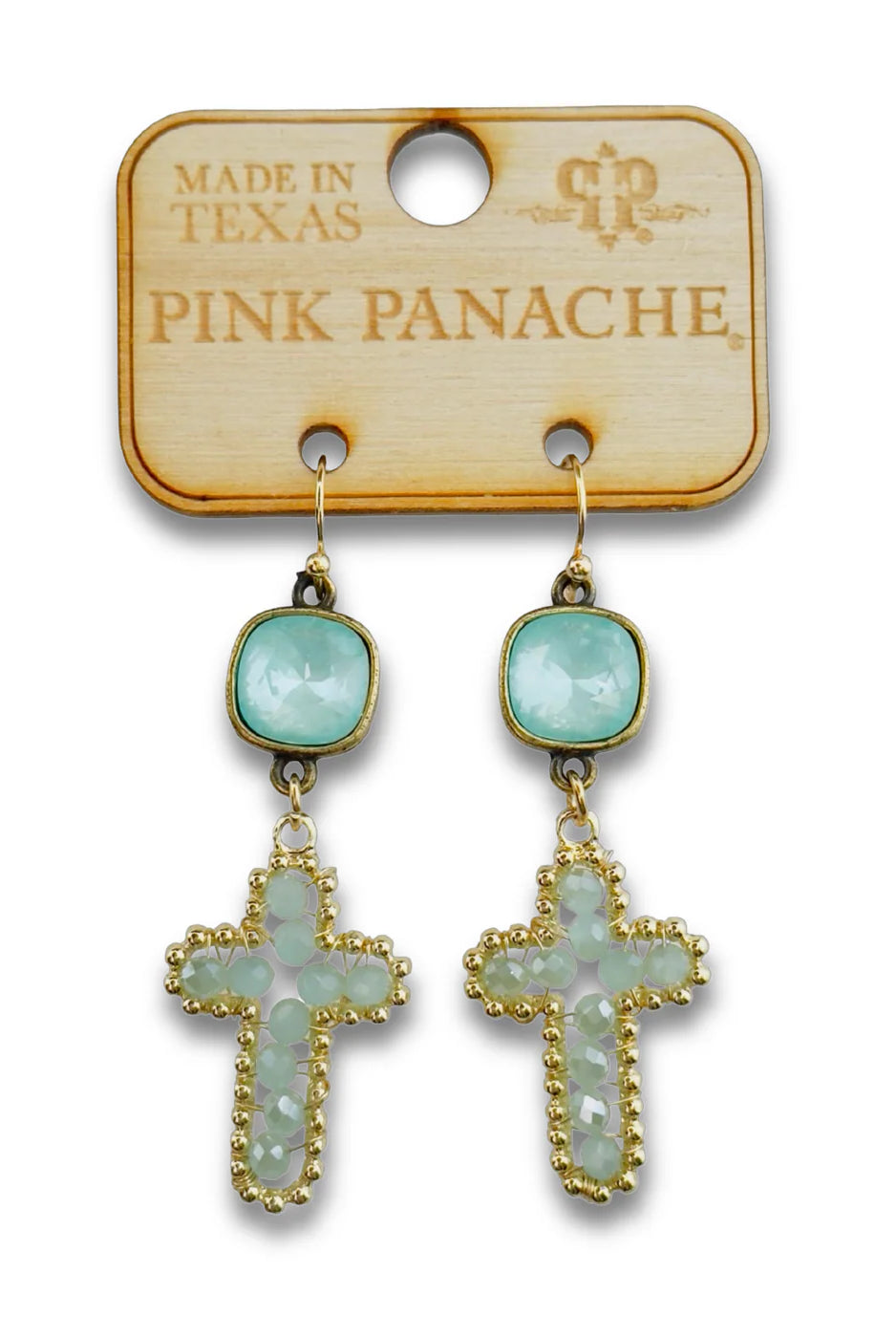 Pink Panache Green Wire Wrapped Bead Cross Earrings with Austrian Crystal-Earrings-Pink Panache-Deja Nu Boutique, Women's Fashion Boutique in Lampasas, Texas