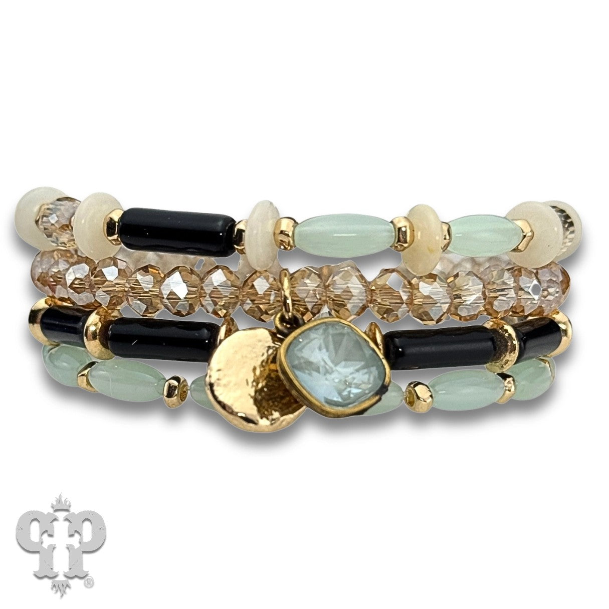 Pink Panache Green Mixed Bead Bracelet Stack with Austrian Crystal Charm-Bracelets-Pink Panache-Deja Nu Boutique, Women's Fashion Boutique in Lampasas, Texas