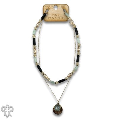Pink Panache Green Mixed Bead Layered Necklace with Austrian Crystal Charm-Necklace-Pink Panache-Deja Nu Boutique, Women's Fashion Boutique in Lampasas, Texas