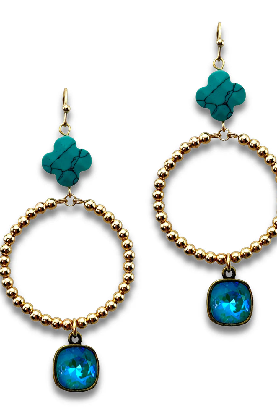 Pink Panache Turquoise Clover Bead Hoop Earrings with Austrian Crystal-Earrings-Pink Panache-Deja Nu Boutique, Women's Fashion Boutique in Lampasas, Texas