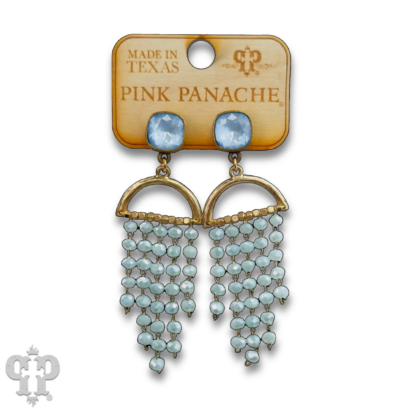 Pink Panache waterfall fringe earrings with Austrian crystal studs, gold-tone arches, and cascading faceted bead strands