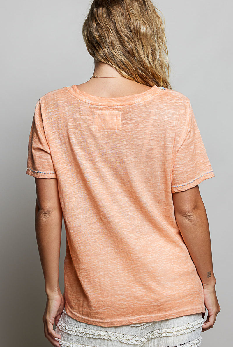 POL Coral Peach Hand-Stitched Slub Tee-T-Shirts-POL-Deja Nu Boutique, Women's Fashion Boutique in Lampasas, Texas