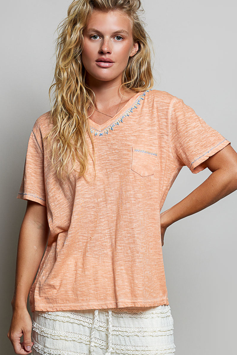 POL Coral Peach Hand-Stitched Slub Tee-T-Shirts-POL-Deja Nu Boutique, Women's Fashion Boutique in Lampasas, Texas
