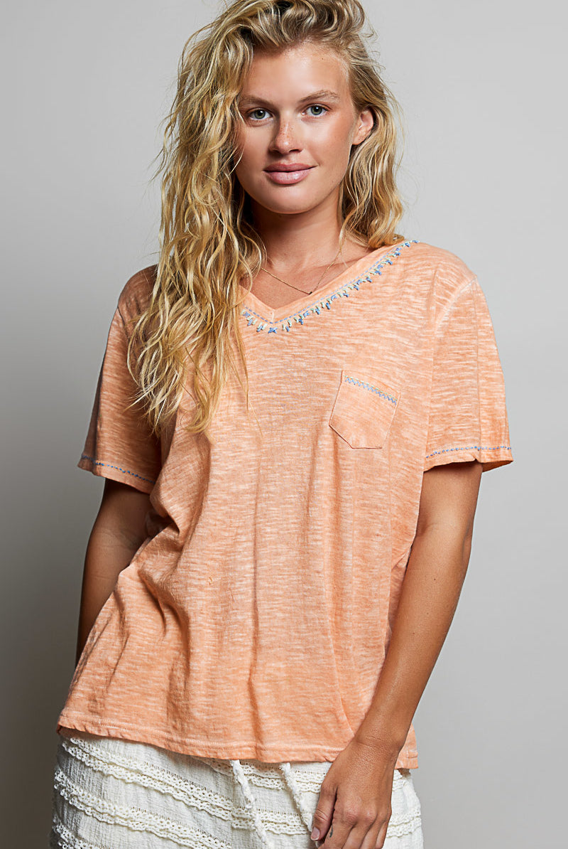 POL Coral Peach Hand-Stitched Slub Tee-T-Shirts-POL-Deja Nu Boutique, Women's Fashion Boutique in Lampasas, Texas