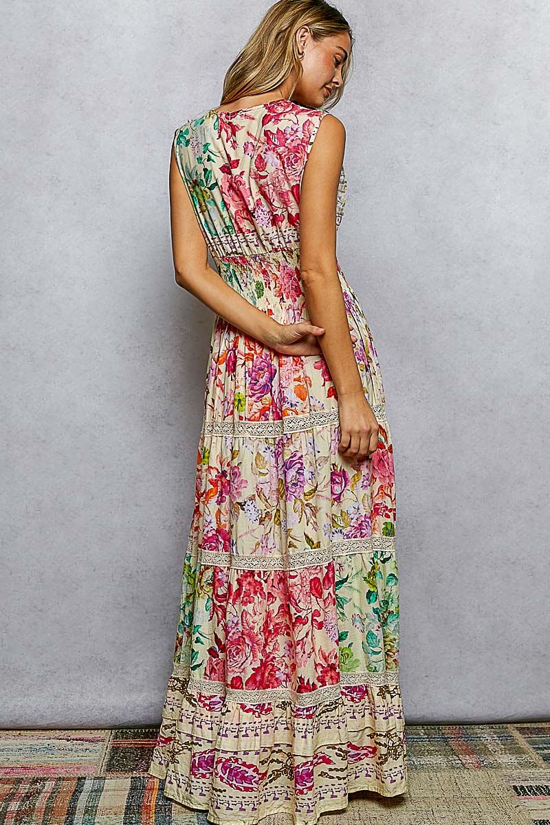 POL Cream Multi Floral Smocked Maxi Dress-Maxi Dresses-POL-Deja Nu Boutique, Women's Fashion Boutique in Lampasas, Texas