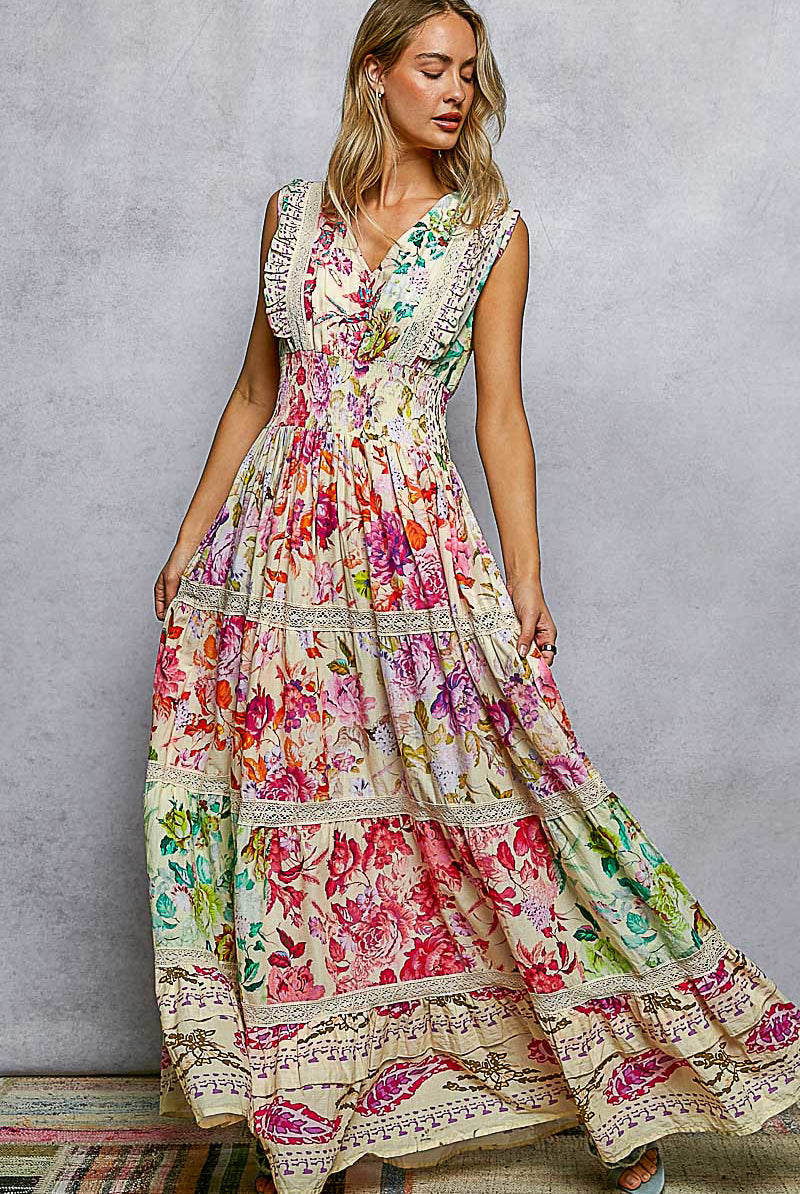 POL Cream Multi Floral Smocked Maxi Dress-Maxi Dresses-POL-Deja Nu Boutique, Women's Fashion Boutique in Lampasas, Texas