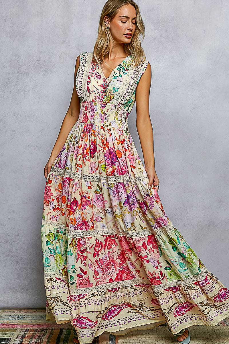 POL Cream Multi Floral Smocked Maxi Dress-Maxi Dresses-POL-Deja Nu Boutique, Women's Fashion Boutique in Lampasas, Texas