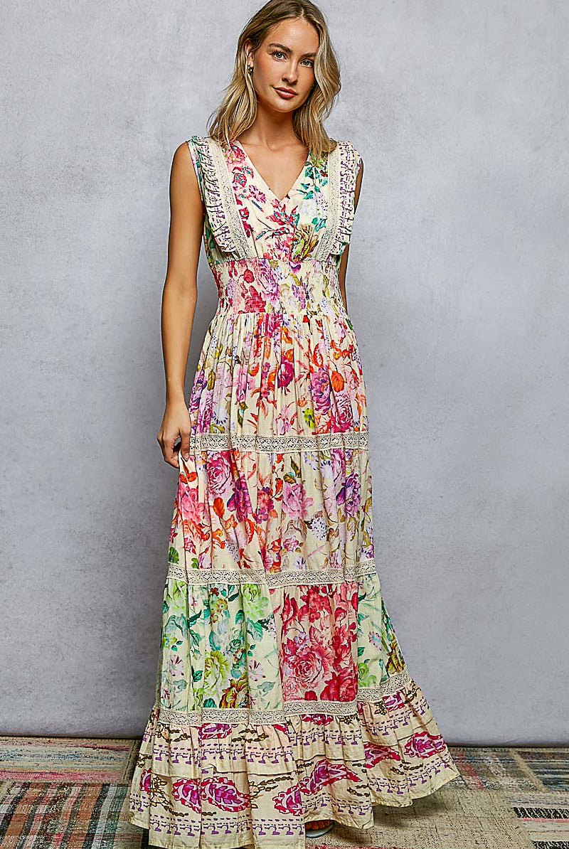 POL Cream Multi Floral Smocked Maxi Dress-Maxi Dresses-POL-Deja Nu Boutique, Women's Fashion Boutique in Lampasas, Texas