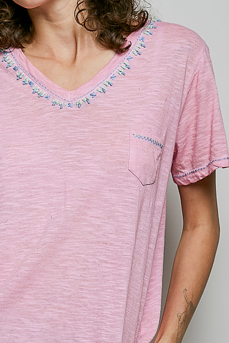 POL Hand-Stitched Detail Slub Cotton Tee – Pink-T-Shirts-POL-Deja Nu Boutique, Women's Fashion Boutique in Lampasas, Texas