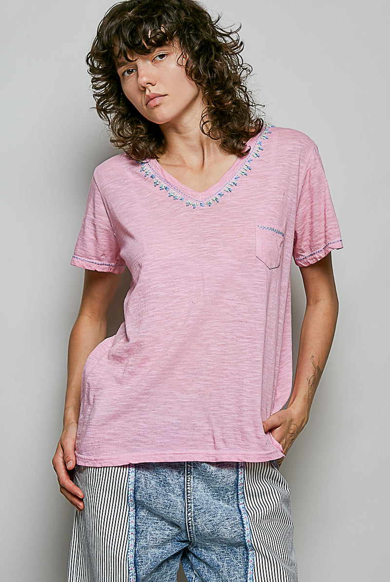 POL Hand-Stitched Detail Slub Cotton Tee – Pink-T-Shirts-POL-Deja Nu Boutique, Women's Fashion Boutique in Lampasas, Texas