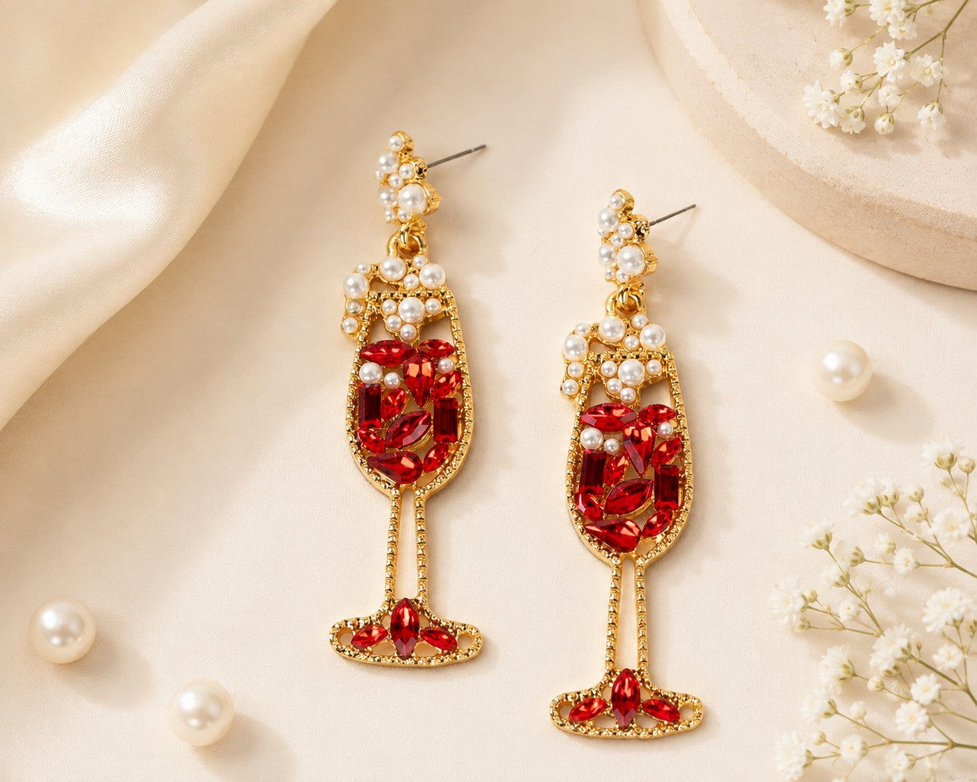 Pop the Bubbly Red Crystal Champagne Flute Earrings-Earrings-Deja Nu-Deja Nu Boutique, Women's Fashion Boutique in Lampasas, Texas