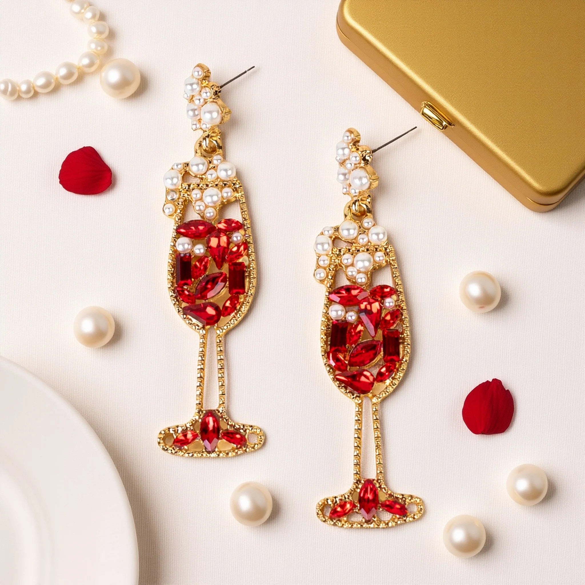 Pop the Bubbly Red Crystal Champagne Flute Earrings-Earrings-Deja Nu-Deja Nu Boutique, Women's Fashion Boutique in Lampasas, Texas