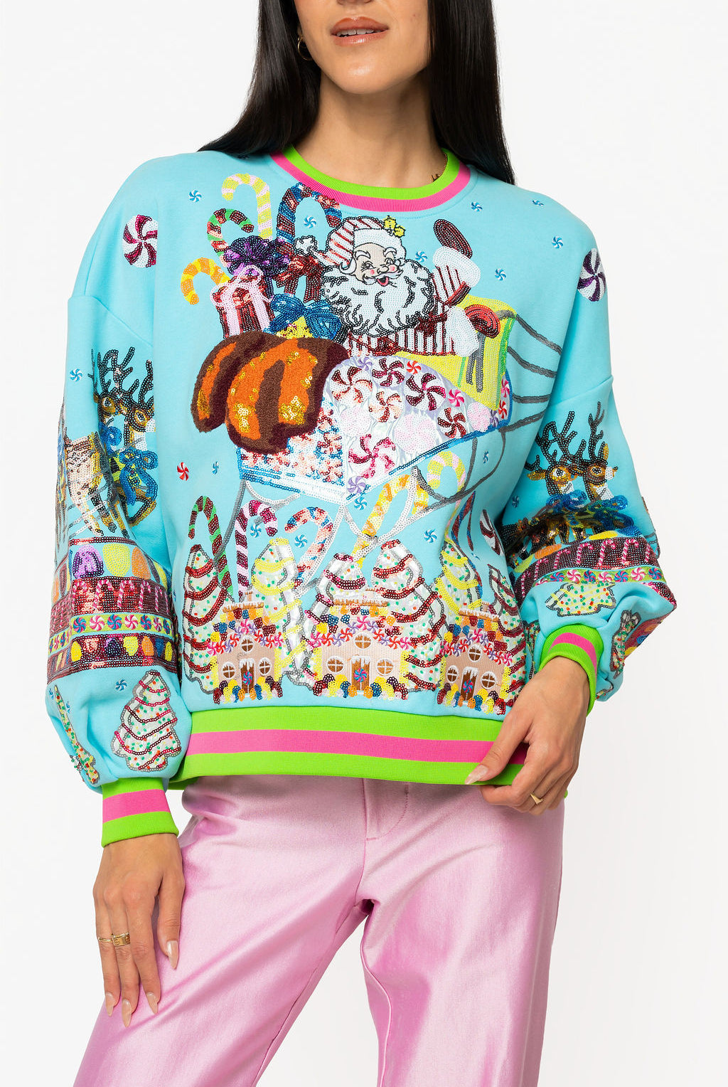 Queen of Sparkles Aqua Vintage Santa Gingerbread House Sweatshirt-sweatshirt-Queen Of Sparkles-Deja Nu Boutique, Women's Fashion Boutique in Lampasas, Texas