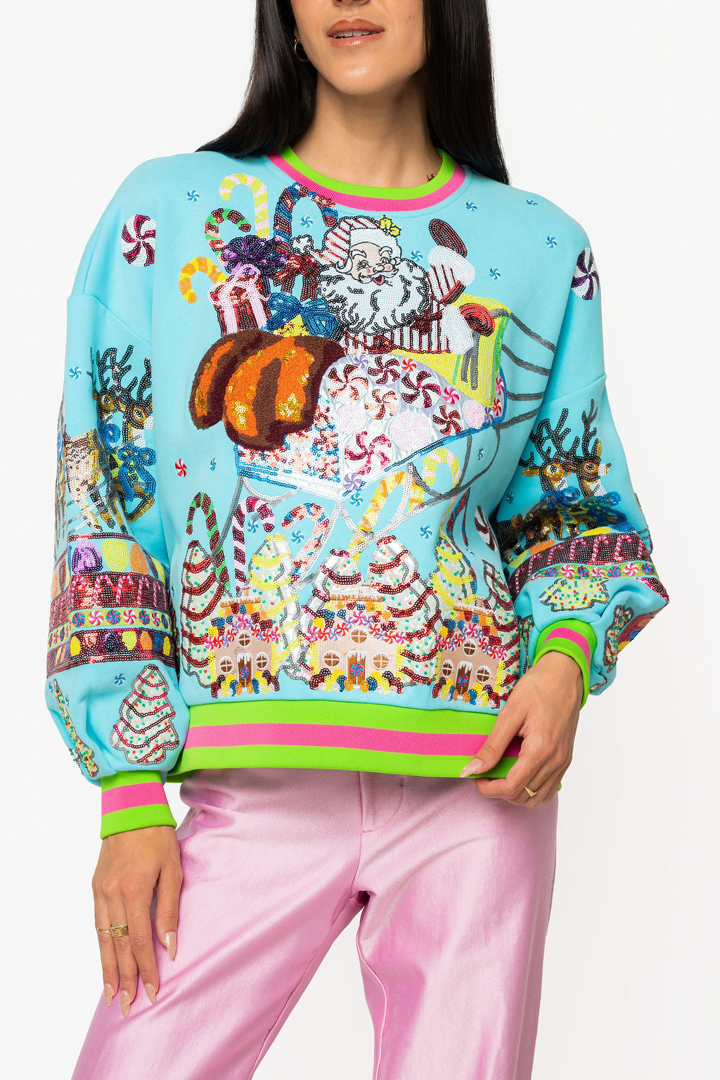 Queen of Sparkles Aqua Vintage Santa Gingerbread House Sweatshirt-sweatshirt-Queen Of Sparkles-Deja Nu Boutique, Women's Fashion Boutique in Lampasas, Texas