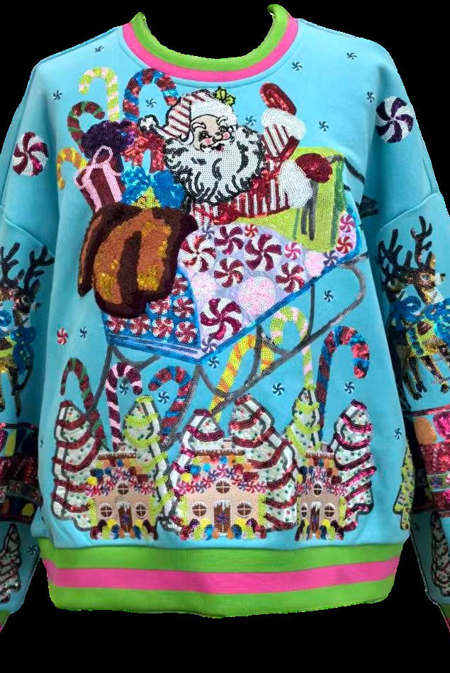 Queen of Sparkles Aqua Vintage Santa Gingerbread House Sweatshirt-sweatshirt-Queen Of Sparkles-Deja Nu Boutique, Women's Fashion Boutique in Lampasas, Texas