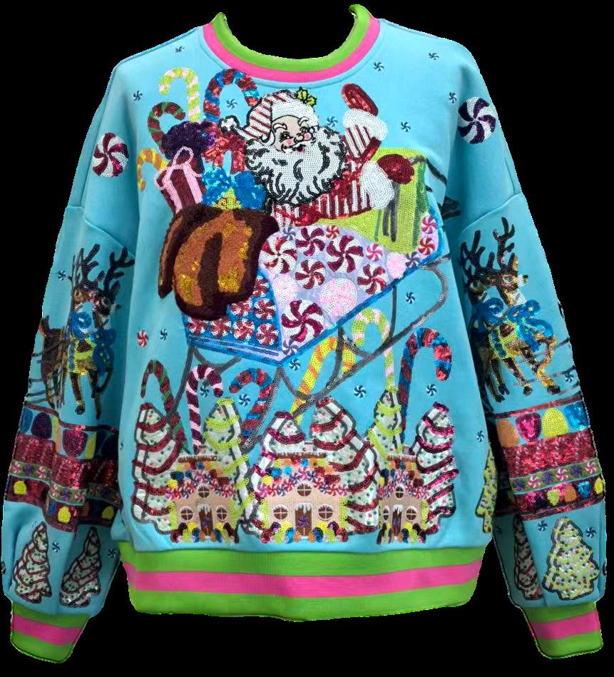 Queen of Sparkles Aqua Vintage Santa Gingerbread House Sweatshirt-sweatshirt-Queen Of Sparkles-Deja Nu Boutique, Women's Fashion Boutique in Lampasas, Texas