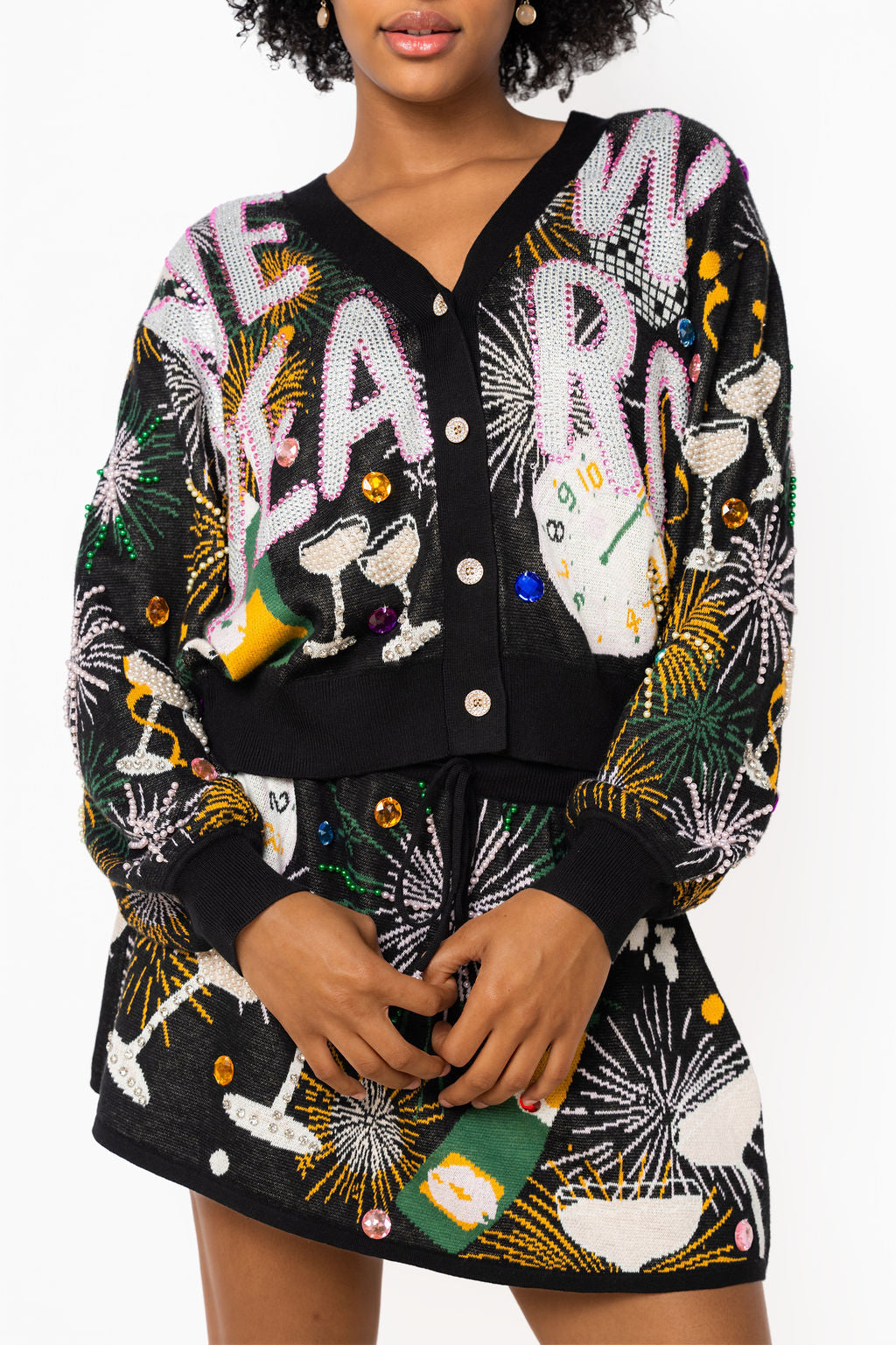 Queen of Sparkles Black New Years Icon Button Up Cardigan-Cardigans & Kimonos-Queen Of Sparkles-Deja Nu Boutique, Women's Fashion Boutique in Lampasas, Texas