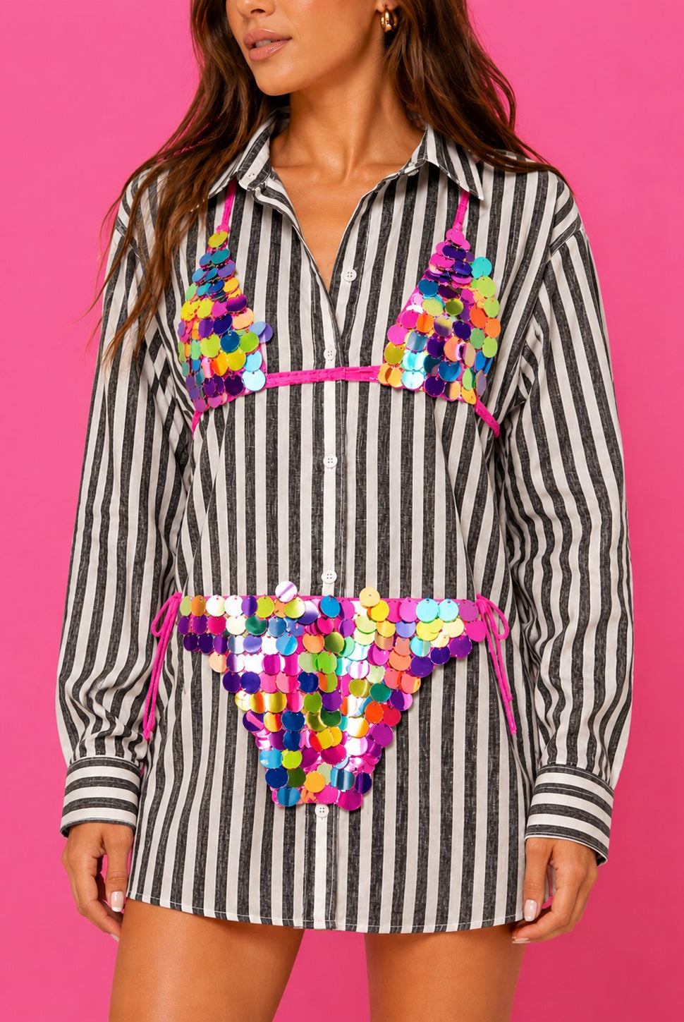 Queen of Sparkles Black Stripe Multi Paillette Bikini Tunic-Cover Up-Queen Of Sparkles-Deja Nu Boutique, Women's Fashion Boutique in Lampasas, Texas