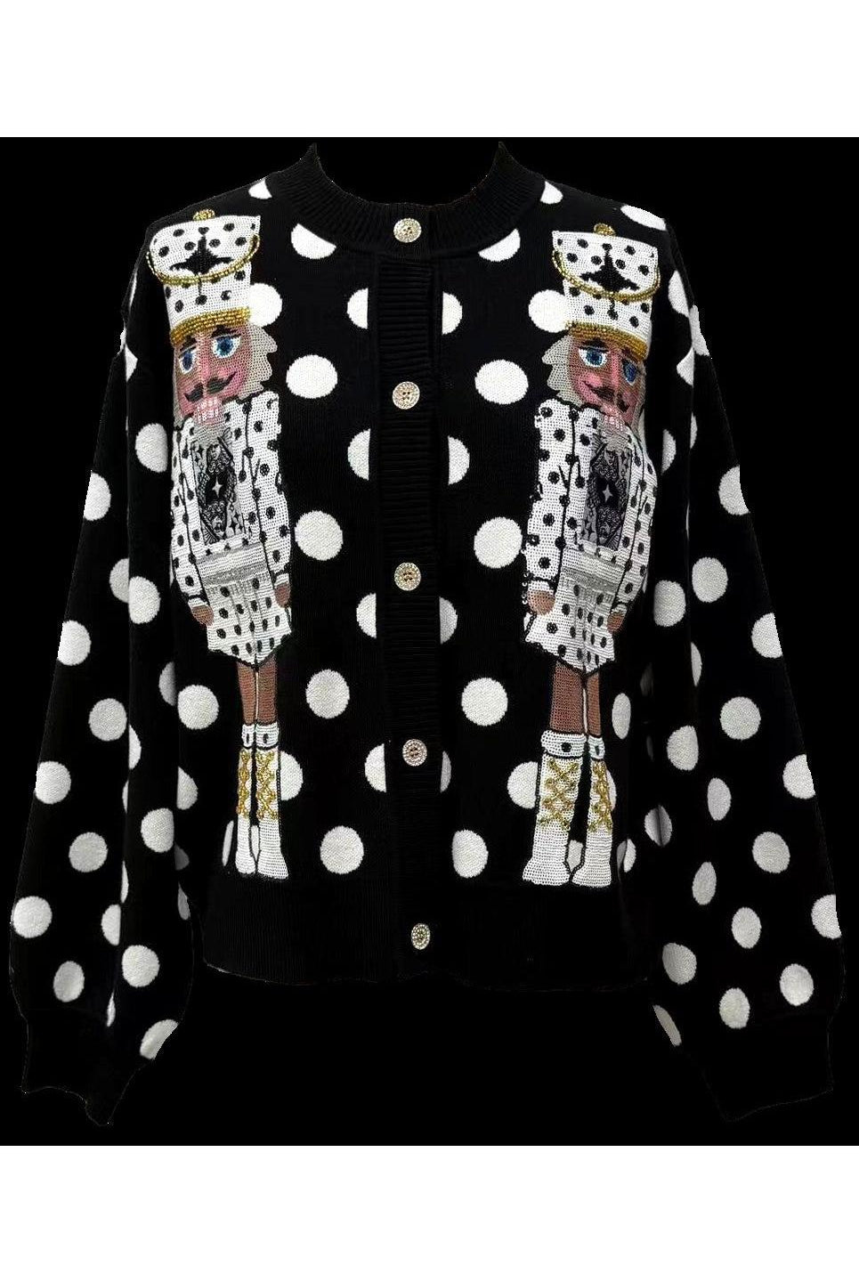 Queen of Sparkles Black & White Polka Dot Nutcracker Button Up Cardigan-Cardigans & Kimonos-Queen Of Sparkles-Deja Nu Boutique, Women's Fashion Boutique in Lampasas, Texas