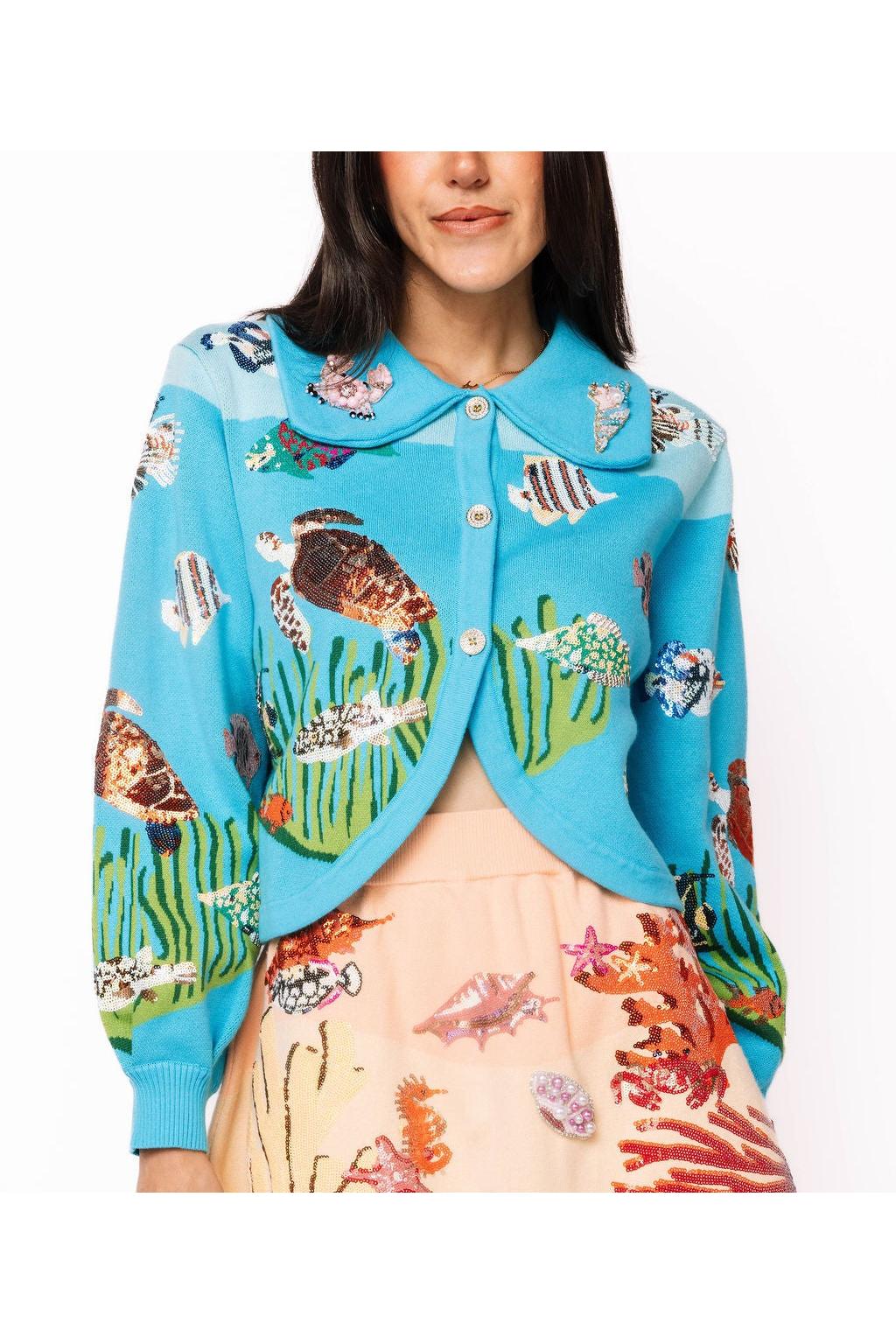 Queen of Sparkles Blue Under the Sea Button-Up Collar Cardigan-Cardigans & Kimonos-Queen Of Sparkles-Deja Nu Boutique, Women's Fashion Boutique in Lampasas, Texas