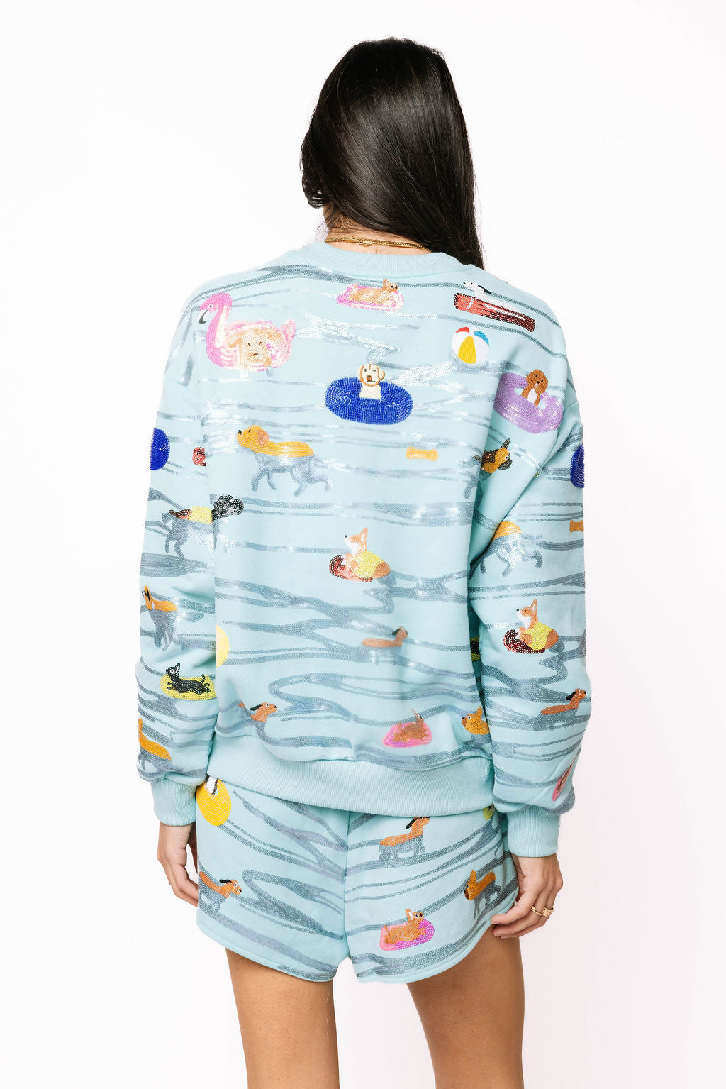 Queen of Sparkles Blue Dogs Swimming on Floats Sweatshirt-sweatshirt-Queen Of Sparkles-Deja Nu Boutique, Women's Fashion Boutique in Lampasas, Texas