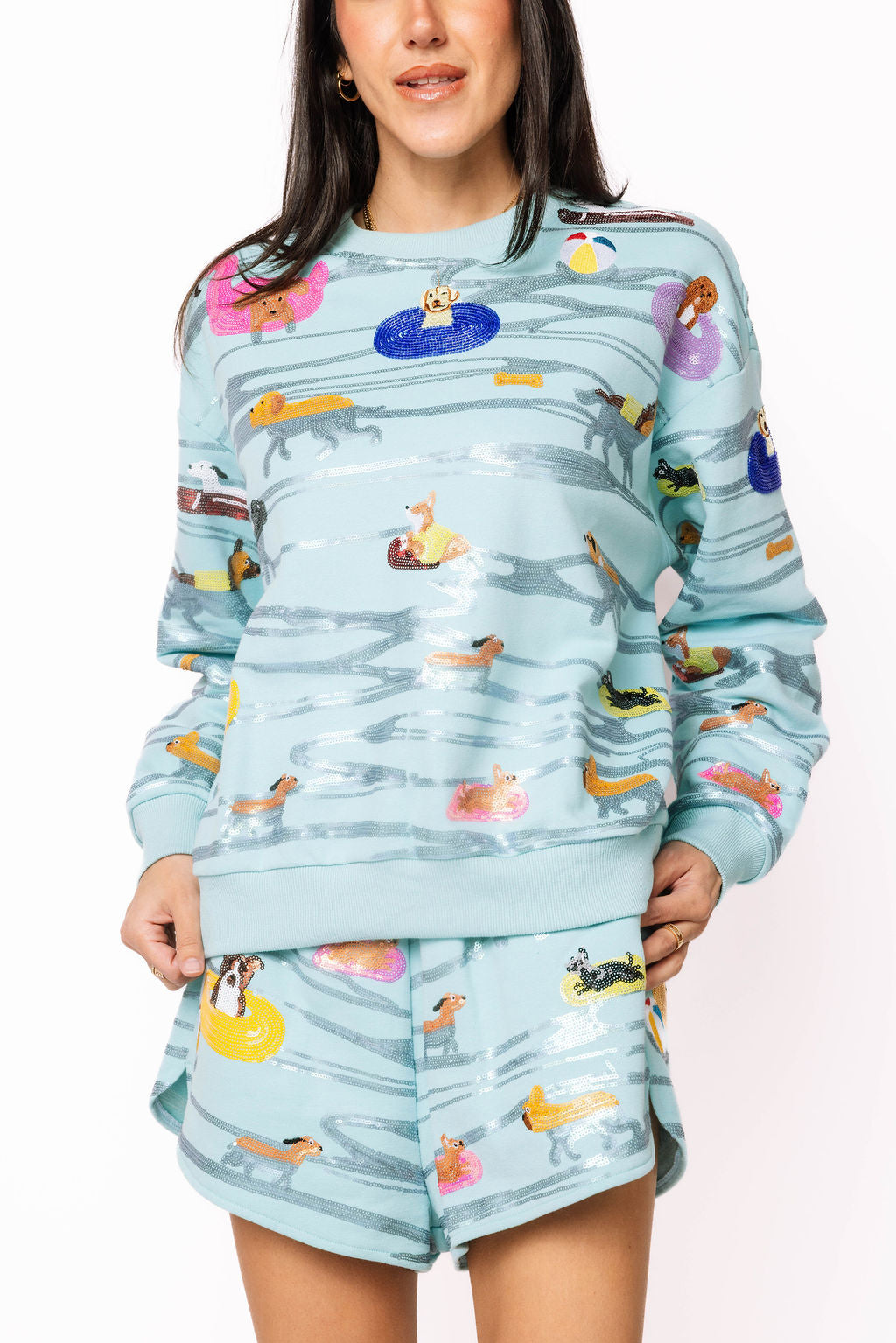 Queen of Sparkles Blue Dogs Swimming on Floats Sweatshirt-sweatshirt-Queen Of Sparkles-Deja Nu Boutique, Women's Fashion Boutique in Lampasas, Texas