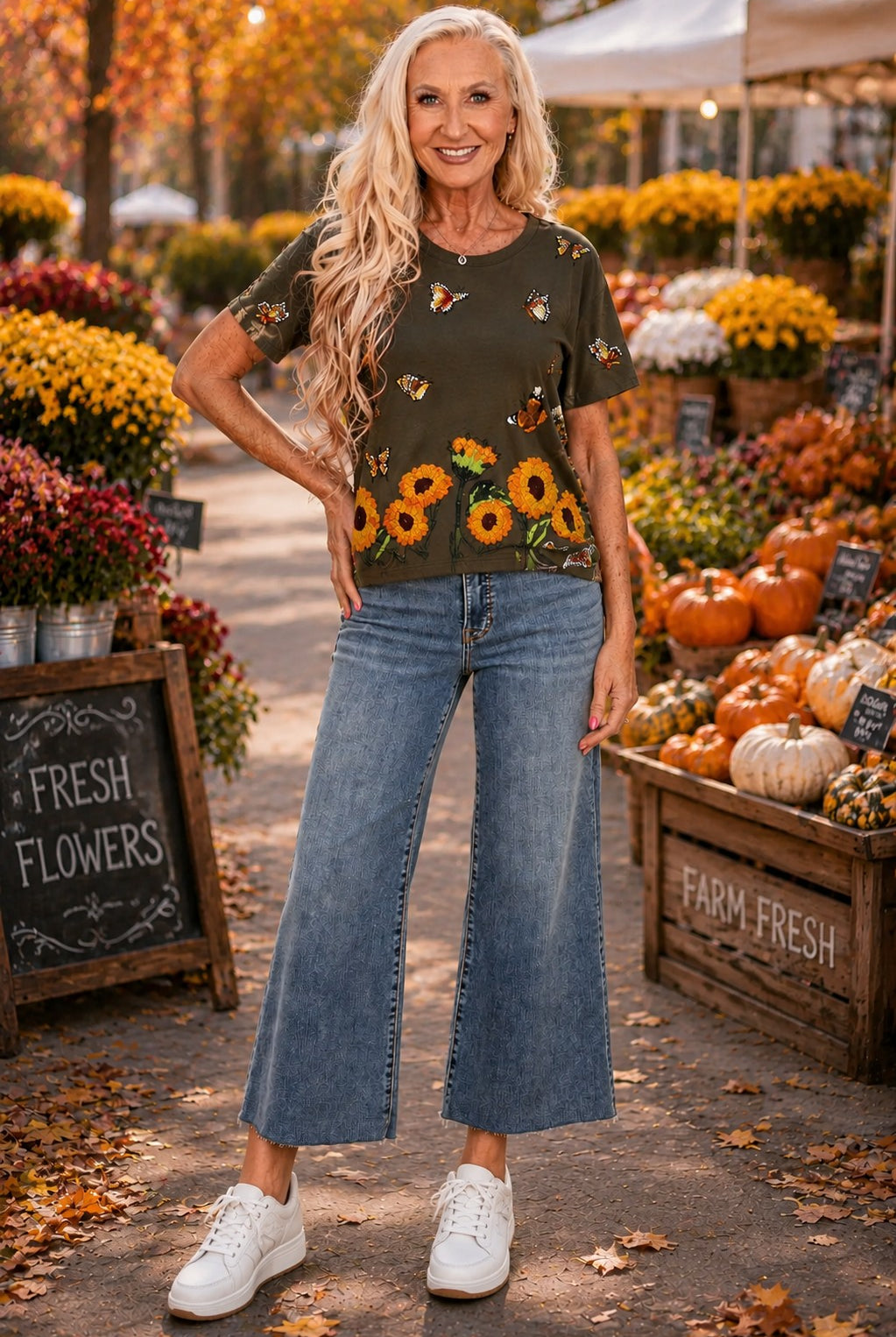 Queen of Sparkles Brown Beaded Butterfly & Sunflower Tee-T-Shirts-Queen Of Sparkles-Deja Nu Boutique, Women's Fashion Boutique in Lampasas, Texas
