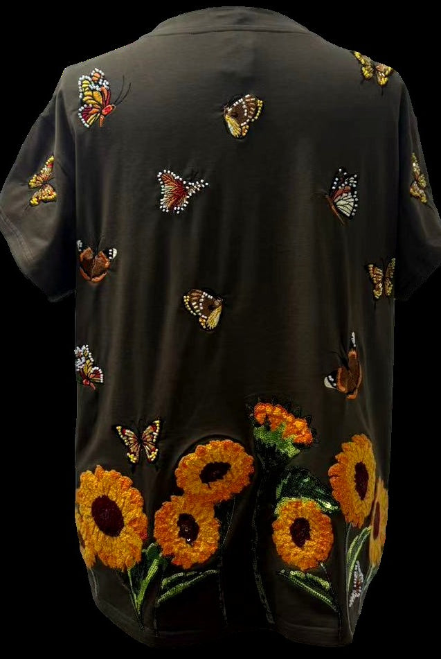 Queen of Sparkles Brown Beaded Butterfly & Sunflower Tee-T-Shirts-Queen Of Sparkles-Deja Nu Boutique, Women's Fashion Boutique in Lampasas, Texas
