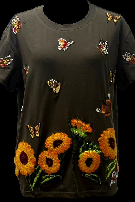 Queen of Sparkles Brown Beaded Butterfly & Sunflower Tee-T-Shirts-Queen Of Sparkles-Deja Nu Boutique, Women's Fashion Boutique in Lampasas, Texas