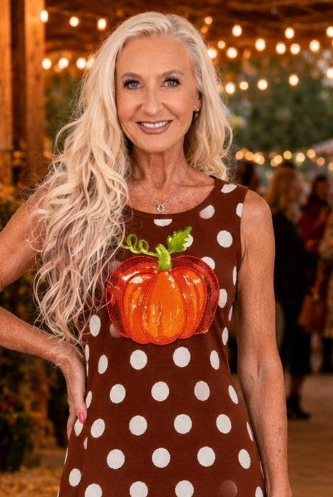 Queen of Sparkles Brown Polka Dot Pumpkin Knit Midi Tank Dress-Midi Dresses-Queen Of Sparkles-Deja Nu Boutique, Women's Fashion Boutique in Lampasas, Texas