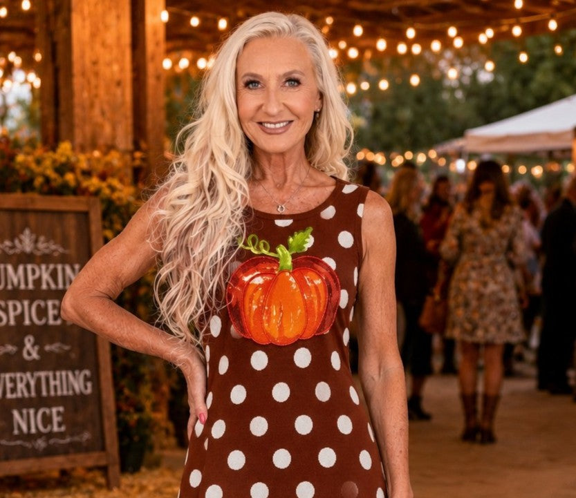 Queen of Sparkles Brown Polka Dot Pumpkin Knit Midi Tank Dress-Midi Dresses-Queen Of Sparkles-Deja Nu Boutique, Women's Fashion Boutique in Lampasas, Texas