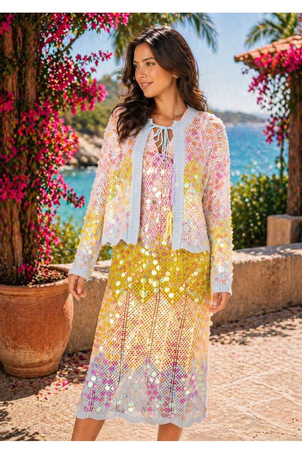 Queen of Sparkles Colorblock Zig Zag Pailette Tie Up Sweater-Cardigans & Kimonos-Queen Of Sparkles-Deja Nu Boutique, Women's Fashion Boutique in Lampasas, Texas