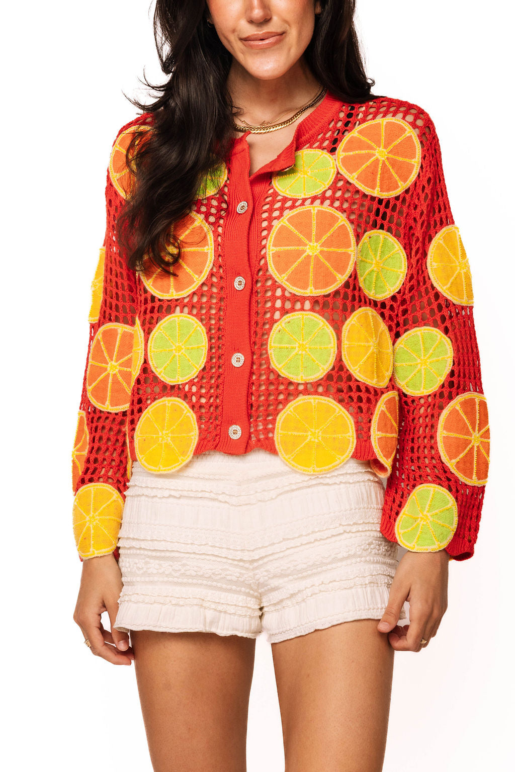 Queen of Sparkles Crochet Lemon, Lime & Orange Button Up Sweater-Cardigans & Kimonos-Queen Of Sparkles-Deja Nu Boutique, Women's Fashion Boutique in Lampasas, Texas