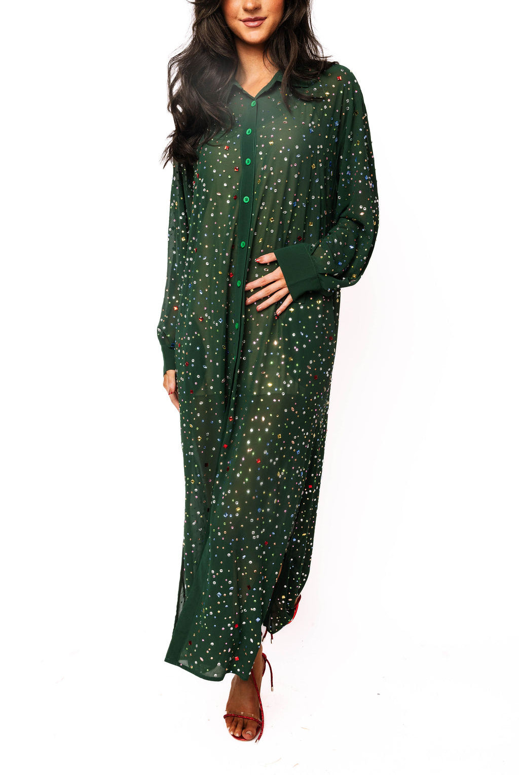 Queen of Sparkles Dark Green Multi Rhinestone Button Up Midi Dress-Maxi Dresses-Queen Of Sparkles-Deja Nu Boutique, Women's Fashion Boutique in Lampasas, Texas