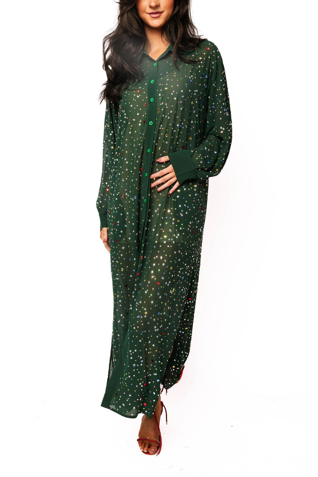 Queen of Sparkles Dark Green Multi Rhinestone Button Up Midi Dress-Maxi Dresses-Queen Of Sparkles-Deja Nu Boutique, Women's Fashion Boutique in Lampasas, Texas