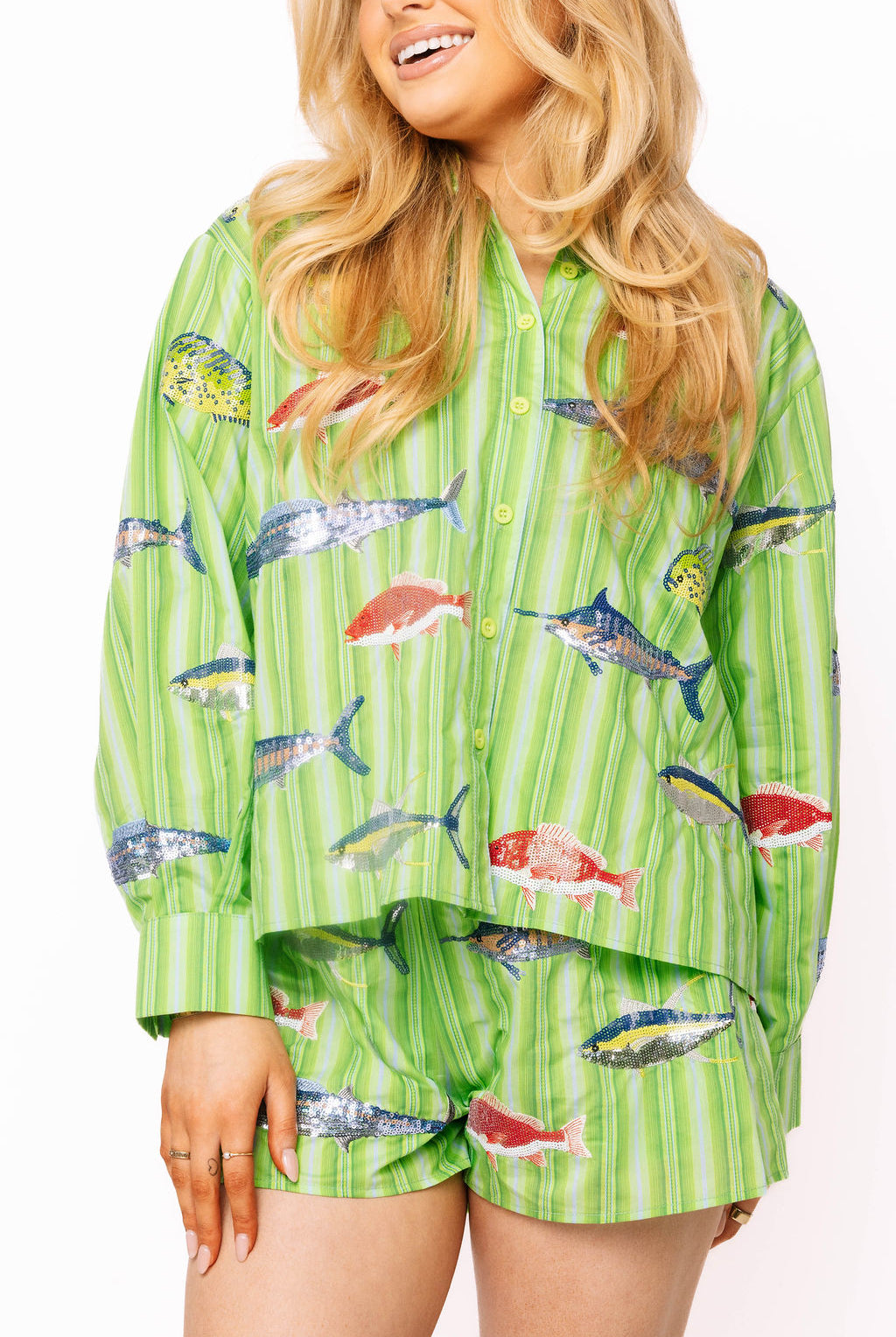 Queen of Sparkles Green Striped Multi Fish Button Up Top-shirts-Queen Of Sparkles-Deja Nu Boutique, Women's Fashion Boutique in Lampasas, Texas