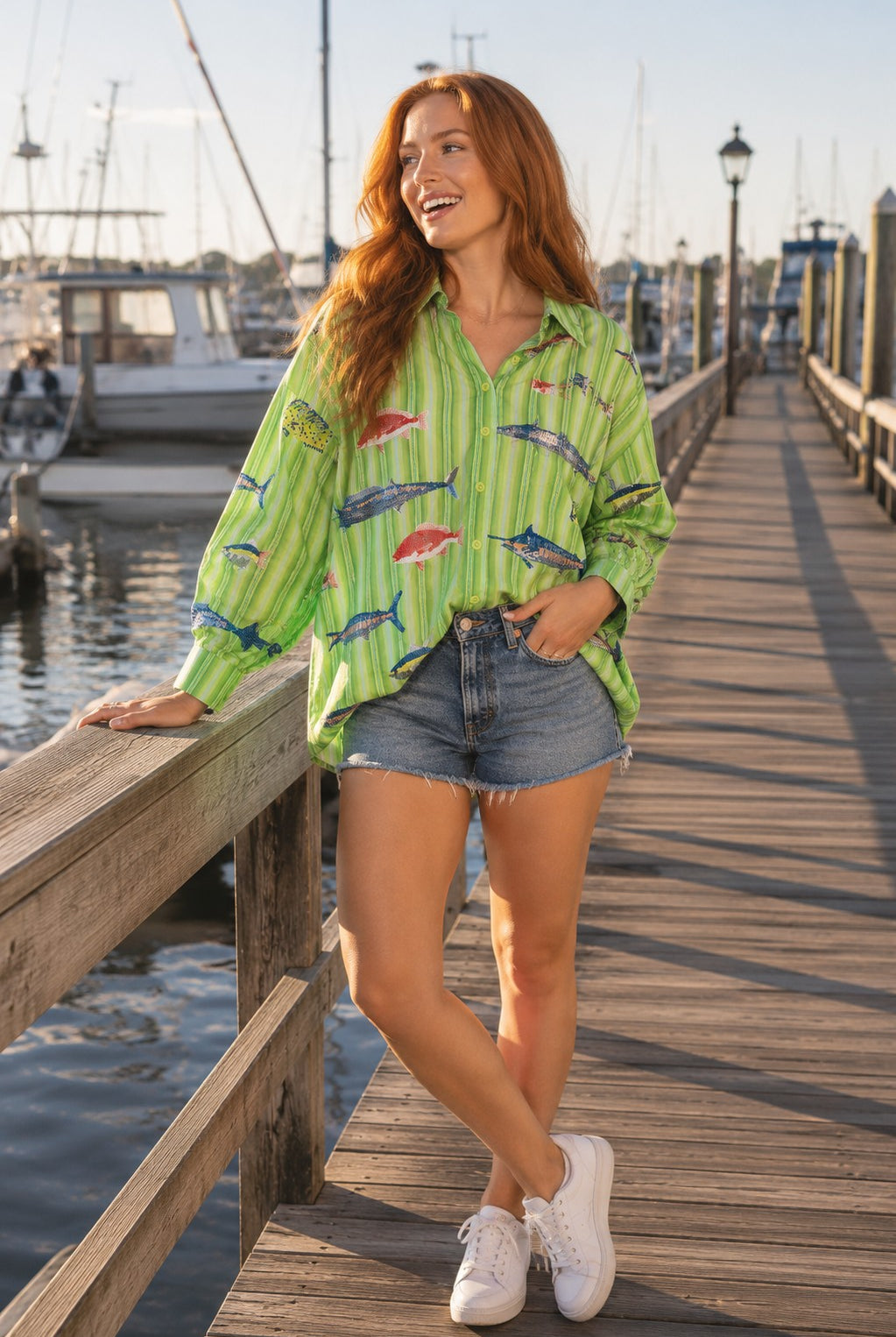 Queen of Sparkles Green Striped Multi Fish Button Up Top-shirts-Queen Of Sparkles-Deja Nu Boutique, Women's Fashion Boutique in Lampasas, Texas