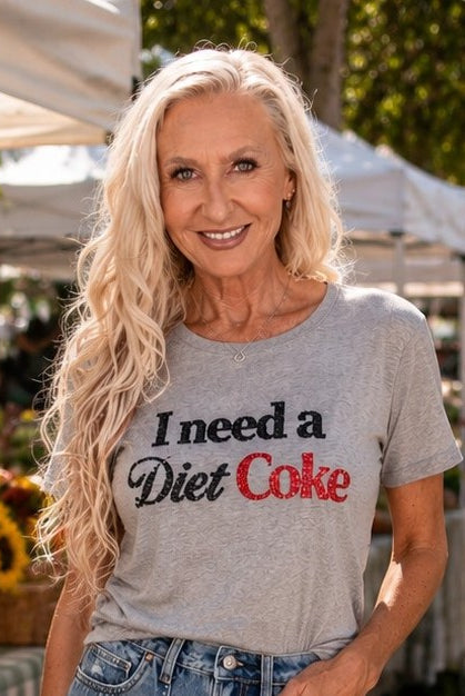 Queen of Sparkles Licensed Grey "I Need A Diet Coke" Tee-T-Shirts-Queen Of Sparkles-Deja Nu Boutique, Women's Fashion Boutique in Lampasas, Texas