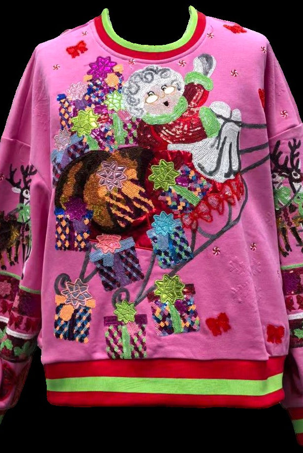 Queen of Sparkles Hot Pink Vintage Mrs. Claus Sleigh Sweatshirt-sweatshirt-Queen Of Sparkles-Deja Nu Boutique, Women's Fashion Boutique in Lampasas, Texas