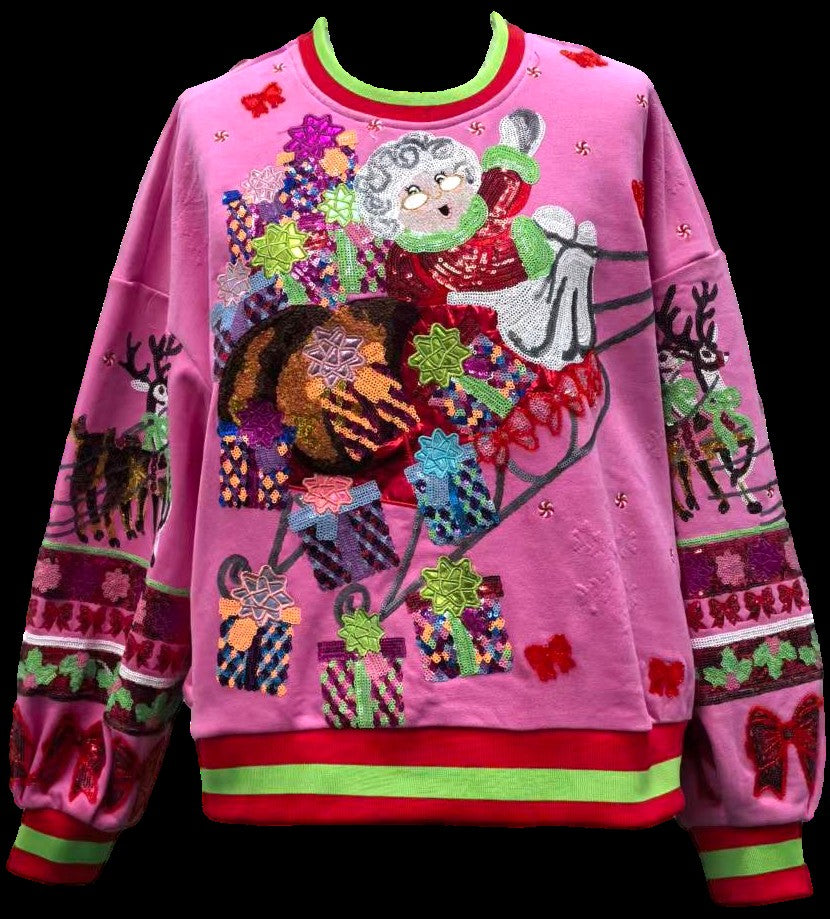 Queen of Sparkles Hot Pink Vintage Mrs. Claus Sleigh Sweatshirt-sweatshirt-Queen Of Sparkles-Deja Nu Boutique, Women's Fashion Boutique in Lampasas, Texas